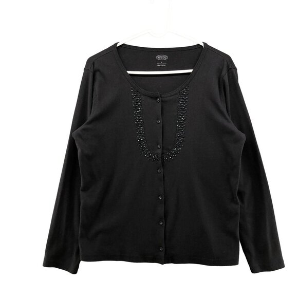 Talbots Black Cardigan Womens L Pima Cotton Button Front Beaded Round Neck - Picture 1 of 10